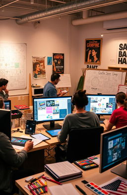 A professional graphic design studio during production and pre-production phases, showcasing artists working on computer screens filled with colorful graphic designs and illustrations