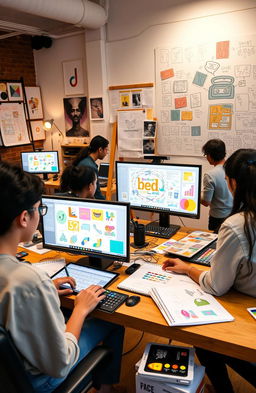 A professional graphic design studio during production and pre-production phases, showcasing artists working on computer screens filled with colorful graphic designs and illustrations