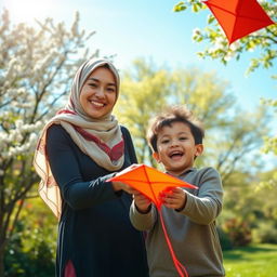 A charming scene featuring a proud hijab-wearing mother with a warm smile, and her cheerful young son, playing together in a lush green park