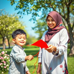 A charming scene featuring a proud hijab-wearing mother with a warm smile, and her cheerful young son, playing together in a lush green park