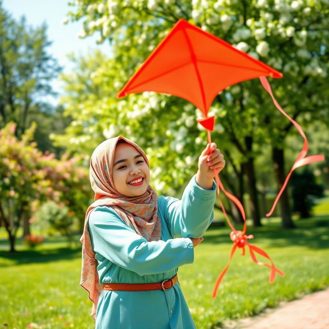 A charming scene featuring a proud hijab-wearing mother with a warm smile, and her cheerful young son, playing together in a lush green park