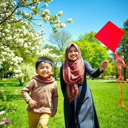 A charming scene featuring a proud hijab-wearing mother with a warm smile, and her cheerful young son, playing together in a lush green park