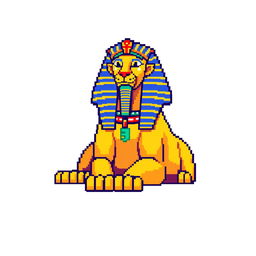 A pixel art depiction of a sphinx, featuring traditional Egyptian design elements