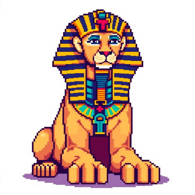 A pixel art depiction of a sphinx, featuring traditional Egyptian design elements