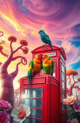Two colorful lovebirds perched on a vibrant red telephone booth, set in a fantastical parallel world where the sky is a vivid blend of swirling colors