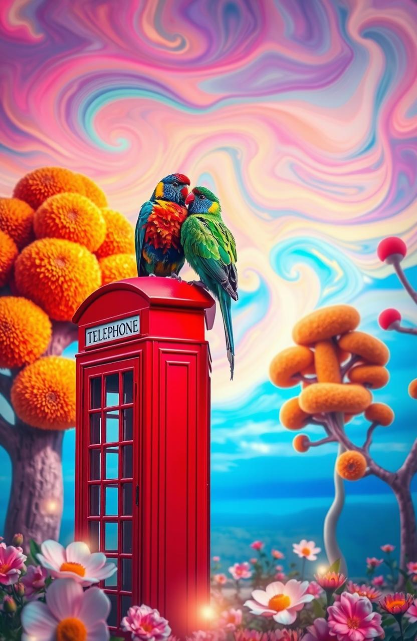 Two colorful lovebirds perched on a vibrant red telephone booth, set in a fantastical parallel world where the sky is a vivid blend of swirling colors