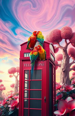 Two colorful lovebirds perched on a vibrant red telephone booth, set in a fantastical parallel world where the sky is a vivid blend of swirling colors