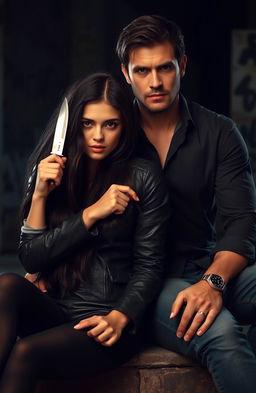 A young woman with long, flowing black hair is sitting against a rugged-looking man who strongly resembles Jamie Dornan