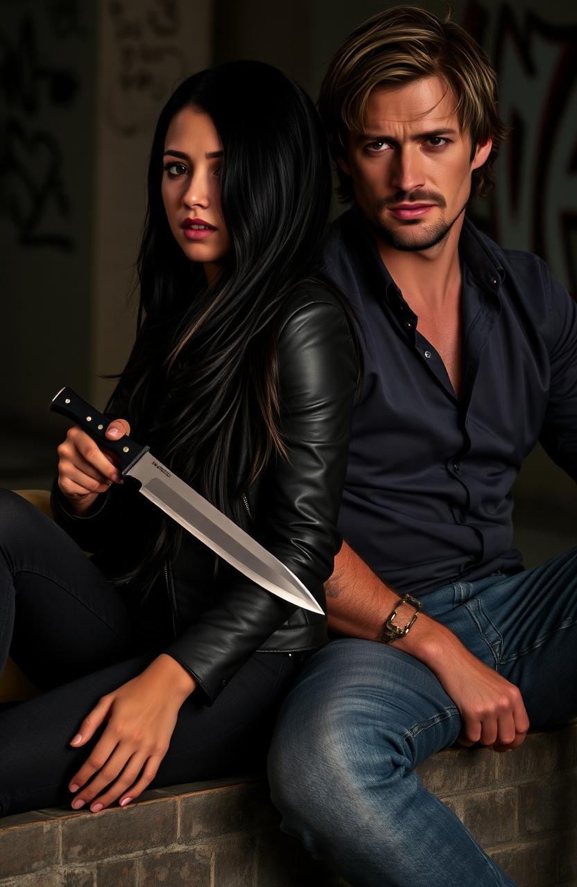 A young woman with long, flowing black hair is sitting against a rugged-looking man who strongly resembles Jamie Dornan