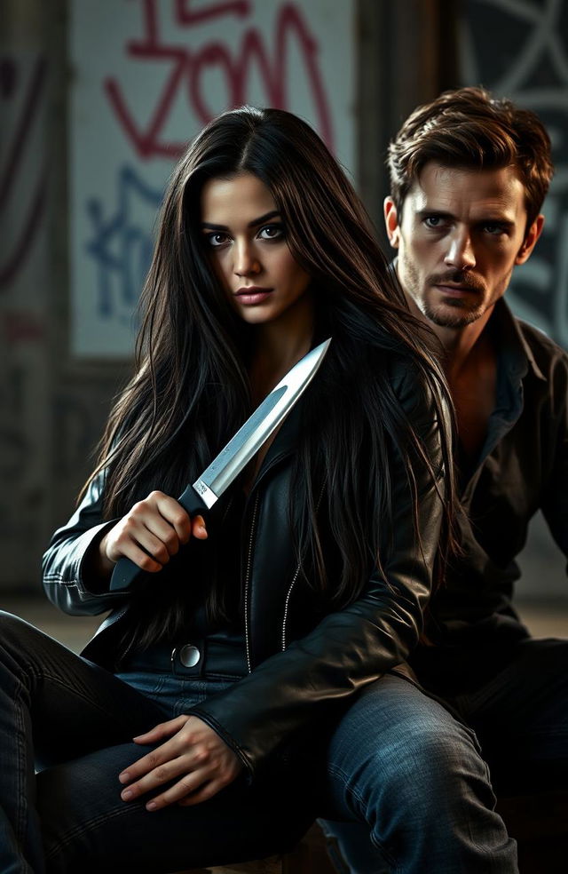 A young woman with long, flowing black hair is sitting against a rugged-looking man who strongly resembles Jamie Dornan