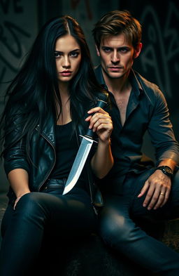 A young woman with long, flowing black hair is sitting against a rugged-looking man who strongly resembles Jamie Dornan