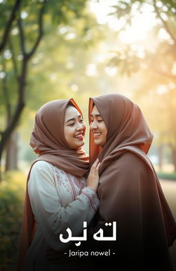 A beautiful representation of a couple deeply in love, situated in a peaceful Islamic setting, filled with calm and warmth
