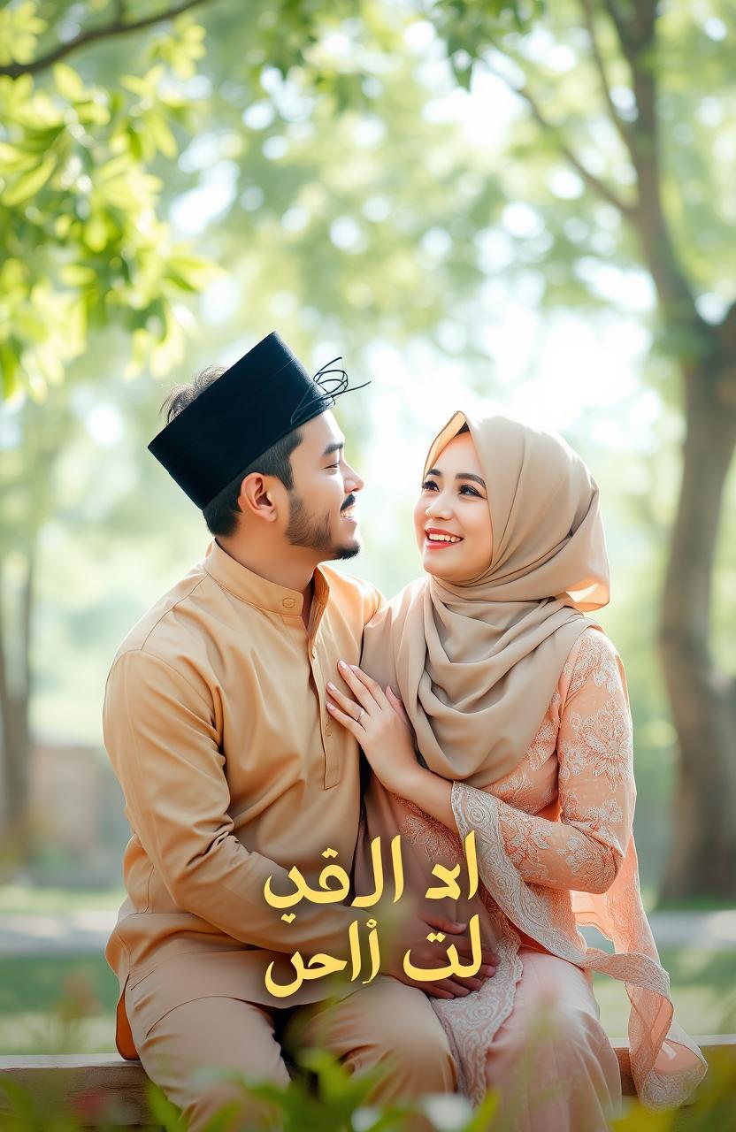 A beautiful representation of a couple deeply in love, situated in a peaceful Islamic setting, filled with calm and warmth