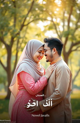 A beautiful representation of a couple deeply in love, situated in a peaceful Islamic setting, filled with calm and warmth