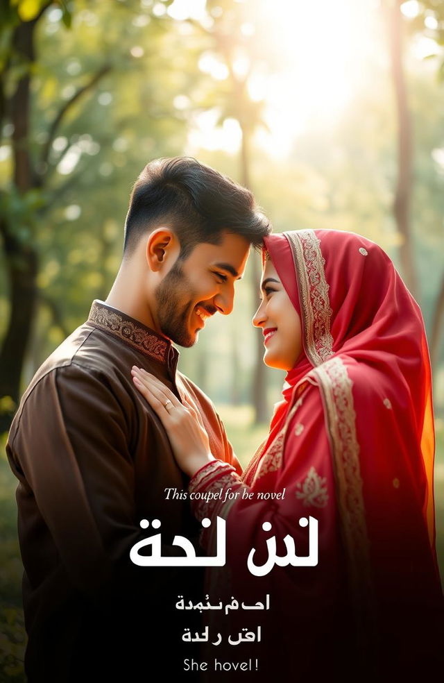 A beautiful representation of a couple deeply in love, situated in a peaceful Islamic setting, filled with calm and warmth