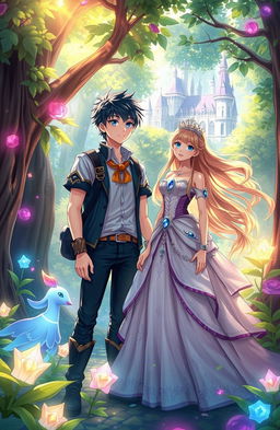 A vibrant scene depicting a high school student who has been reincarnated into a fantasy isekai world