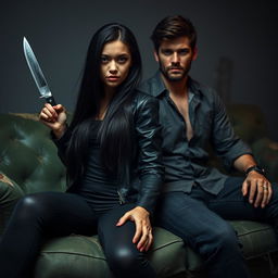 A young woman with long, beautiful black hair sits confidently with a knife in hand against a man who resembles Jamie Dornan, creating an intriguing scene