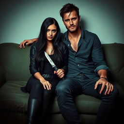 A young woman with long, beautiful black hair sits confidently with a knife in hand against a man who resembles Jamie Dornan, creating an intriguing scene