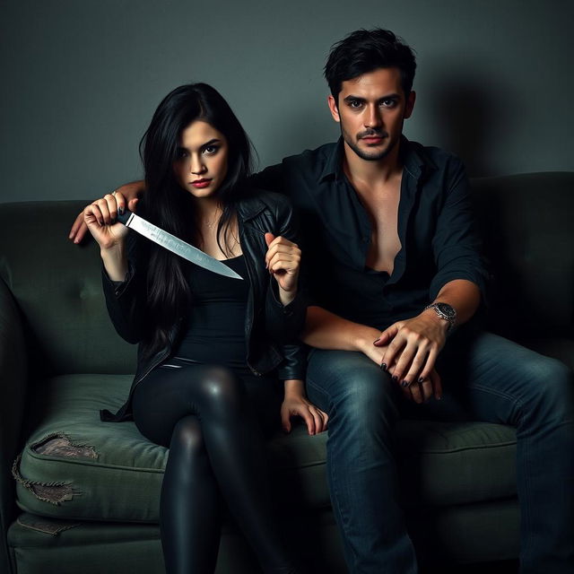 A young woman with long, beautiful black hair sits confidently with a knife in hand against a man who resembles Jamie Dornan, creating an intriguing scene