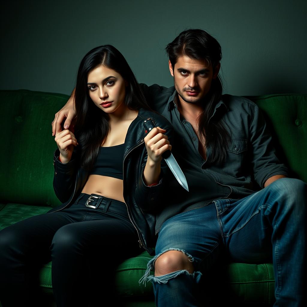 A striking scene featuring a young woman with long, dark black hair, holding a knife, as she sits confidently against a man resembling Jamie Dornan