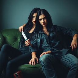 A striking scene featuring a young woman with long, dark black hair, holding a knife, as she sits confidently against a man resembling Jamie Dornan