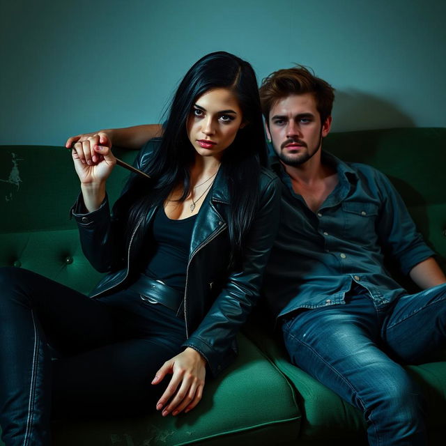 A striking scene featuring a young woman with long, dark black hair, holding a knife, as she sits confidently against a man resembling Jamie Dornan