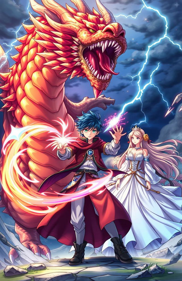 A high school student reincarnated in an isekai fantasy world, known as Akagami, stands valiantly in battle against a fearsome dragon