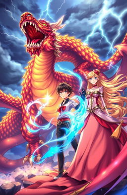 A high school student reincarnated in an isekai fantasy world, known as Akagami, stands valiantly in battle against a fearsome dragon