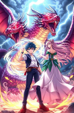 A high school student reincarnated in an isekai fantasy world, known as Akagami, stands valiantly in battle against a fearsome dragon