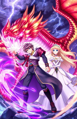 A high school student reincarnated in an isekai fantasy world, known as Akagami, stands valiantly in battle against a fearsome dragon