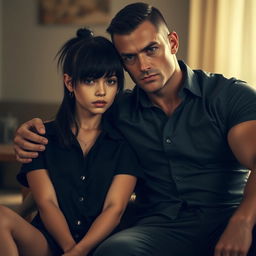 A muscular man wearing a fitted button-up shirt sits closely beside a girl with striking black hair and a noticeable scar on her neck