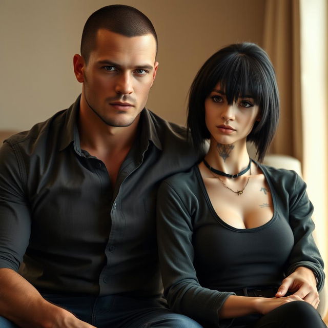 A muscular man wearing a fitted button-up shirt sits closely beside a girl with striking black hair and a noticeable scar on her neck