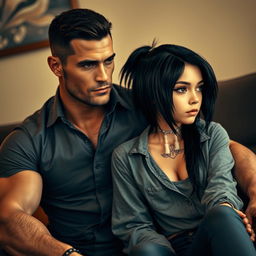 A muscular man wearing a fitted button-up shirt sits closely beside a girl with striking black hair and a noticeable scar on her neck