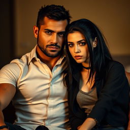 A muscular man wearing a fitted button-up shirt sits closely beside a girl with striking black hair and a noticeable scar on her neck