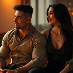 A muscular man dressed in a fitted button-up shirt sits next to a captivating girl with long, flowing black hair