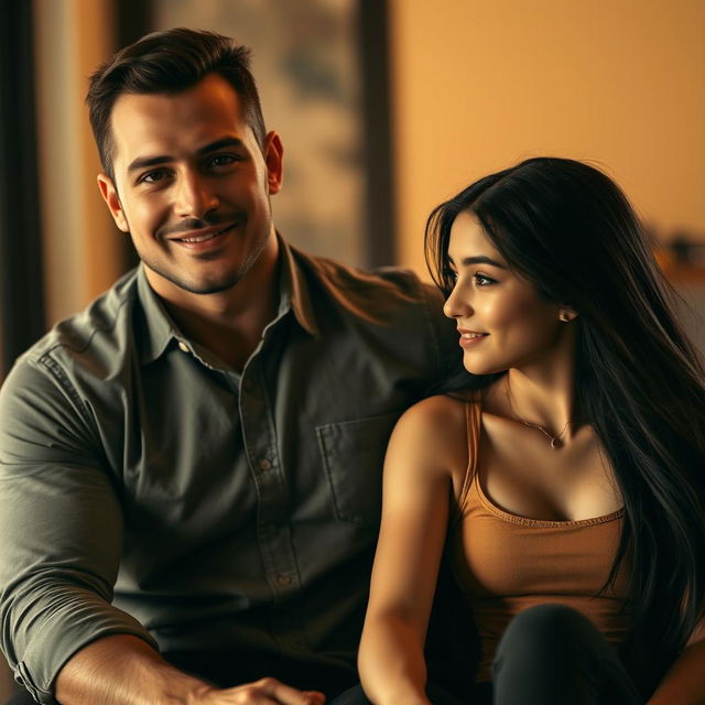 A muscular man dressed in a fitted button-up shirt sits next to a captivating girl with long, flowing black hair