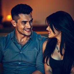A muscular man dressed in a fitted button-up shirt sits next to a captivating girl with long, flowing black hair