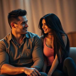 A muscular man dressed in a fitted button-up shirt sits next to a captivating girl with long, flowing black hair