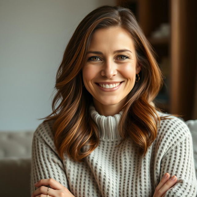 A woman between 30 and 45 years old, with beautiful chestnut brown hair and distinctly European features