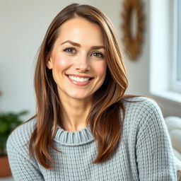 A woman between 30 and 45 years old, with beautiful chestnut brown hair and distinctly European features