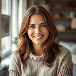 A woman between 30 and 45 years old, with beautiful chestnut brown hair and distinctly European features