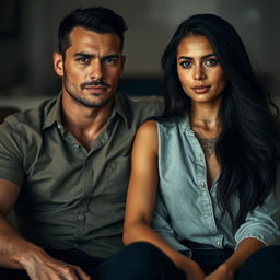 A muscular man dressed in a well-fitted button-up shirt sits next to a captivating girl with long, flowing black hair