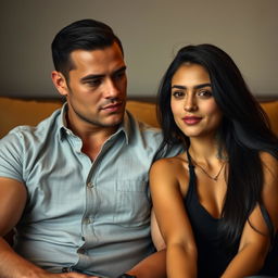 A muscular man dressed in a well-fitted button-up shirt sits next to a captivating girl with long, flowing black hair