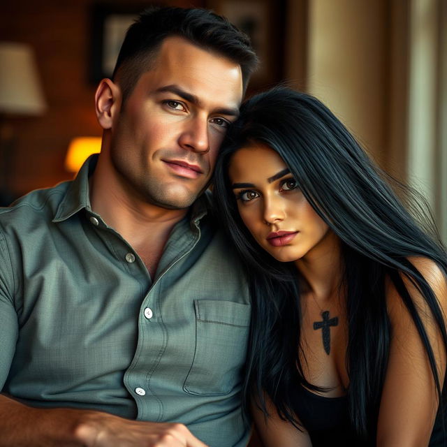 A muscular man dressed in a well-fitted button-up shirt sits next to a captivating girl with long, flowing black hair