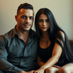 A muscular man dressed in a well-fitted button-up shirt sits next to a captivating girl with long, flowing black hair