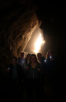 A person with four friends exploring a cave, moving towards a bright light emanating from the depths of the cave