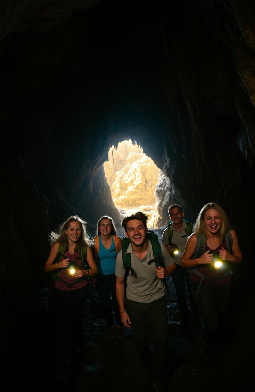 A person with four friends exploring a cave, moving towards a bright light emanating from the depths of the cave