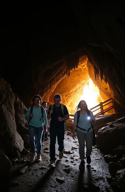A person with four friends exploring a cave, moving towards a bright light emanating from the depths of the cave