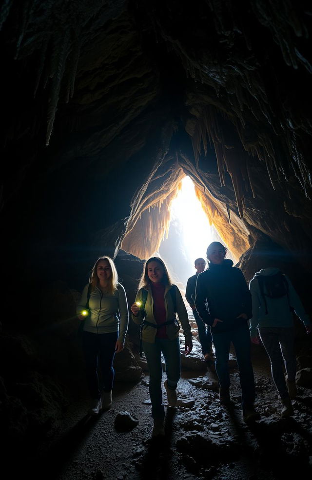 A person with four friends exploring a cave, moving towards a bright light emanating from the depths of the cave