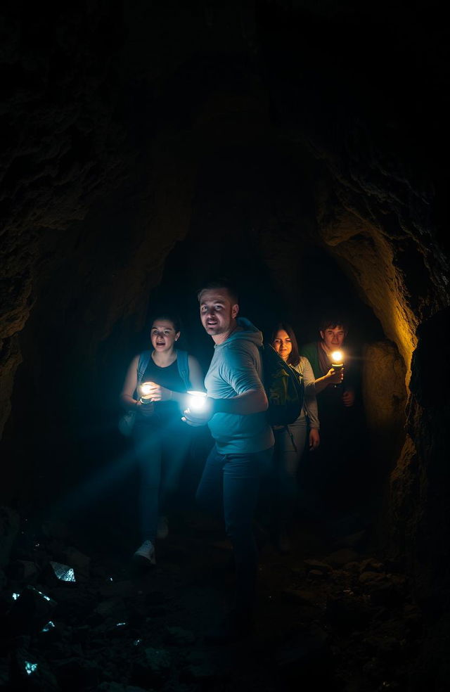 A group of five people, one person leading the way with four friends following closely behind, navigating through a dimly lit cave towards an exit